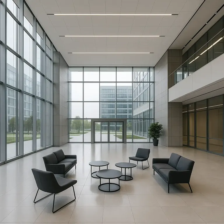 Modern office lobby with seating and large windows