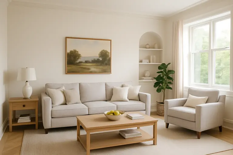 Bright living room with a sofa and coffee table